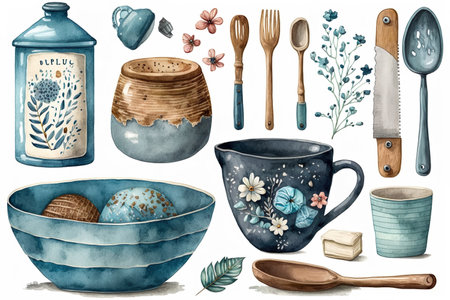 Watercolor Pottery Collection On White Background - Generative AIの素材