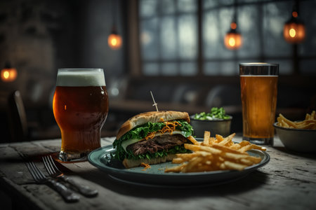 Sandwich With French Fries On Wooden Plate, Glas Of Beer And Bokeh Restaurant Background - Generative AIの素材