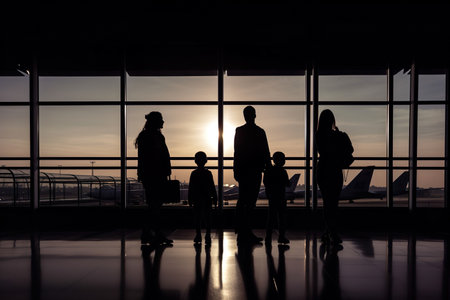 Silhouette Of A Family Waiting For Boarding To Fly On Vacation - Generative AIの素材