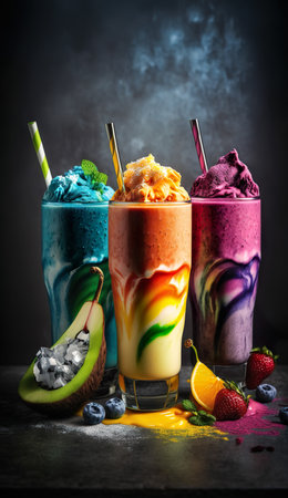 Smoothies Made From Variety Of Fresh Fruits On Dark Background - Generative AIの素材