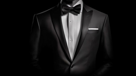 Stylish Businessman With Black Bow Tie, Suit And White Collar - Generative AIの素材