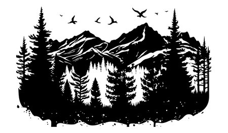 Landscape Silhouette Of Mountains Trees Camp - Black Vector Illustration Isolated On White Backgroundのイラスト素材