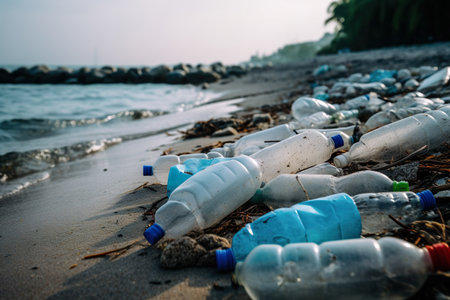 Pervasive Plastic Pollution With Empty Bottles Amidst Ocean Debris At Beach - Generative AIの素材