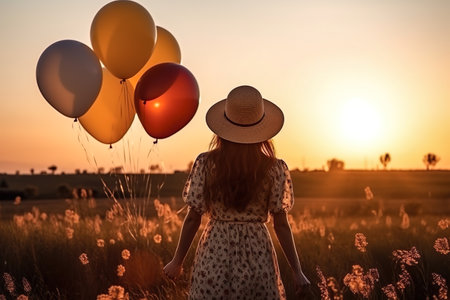 Rear View Of A Woman Standing In A Meadow At Sunset And Holding Colorful Balloons - Generative AIの素材
