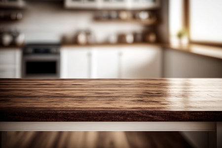Wooden Table Brown Textured And Kitchen Interior In Front Of Blurred Background - Generative AIの素材