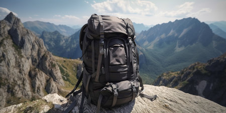 Backpack Illuminated By The Sun Stands Amidst Mountainous Landscape And Is Ready For Big Adventures - Generative AIの素材