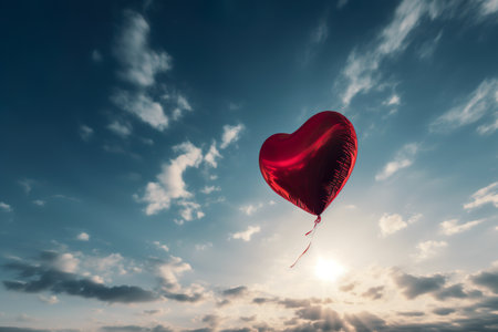 Red Balloon In The Shape Of A Heart Flies Away Into The Blue Cloudy Sky - Generative AIの素材