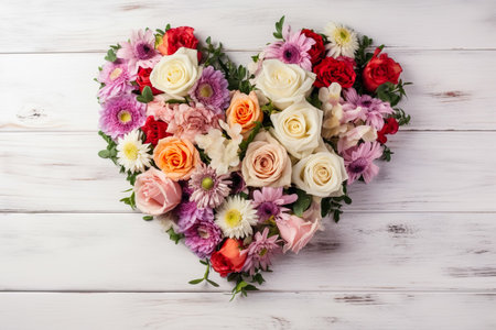 Heart-Shaped Floral Bouquet On White Wooden Table - Generative AIの素材