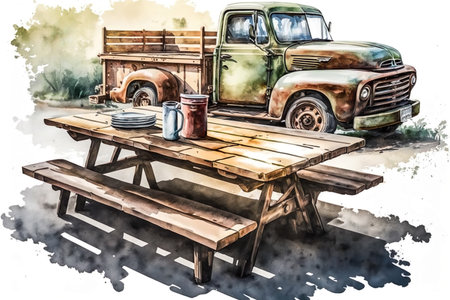 Old Truck With Tailgate And Picnic Table In Foreground In Watercolor Style - Generative AIの素材