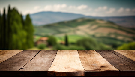 Empty Wooden Table In Front Of Green Hills And Trees Landscape In Background - Generative AIの素材