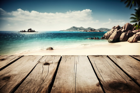 Empty Wooden Table Planks With Tropical Blur Beach And Sea On Background - Generative AIの素材
