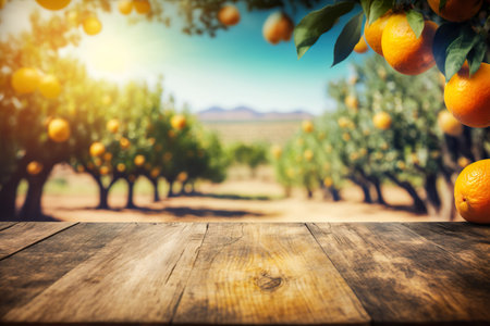 Empty Wooden Table With Blured Background Of Oranges Fruits Farm - Generative AIの素材