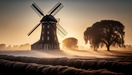 Dutch Windmill In Misty Agriculture Landscape At Sunrise - Generative AIの素材