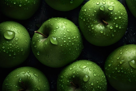 Top View Background Of Whole Fresh Juice Green Apples With Water Droplets - Generative AIの素材