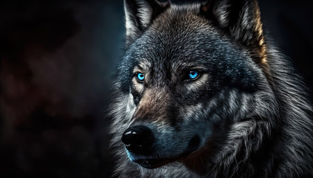 Lonely Wolf Portrait With Blue Eyes In The Dark - Generative AIの素材