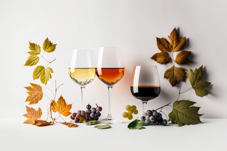 Wine Composition With Leaves, Grapes And Glasses On White Background - Generative AIの素材