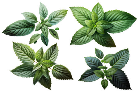 Top View Of Isolated Fresh Green Mint Leaves Set - Generative AIの素材