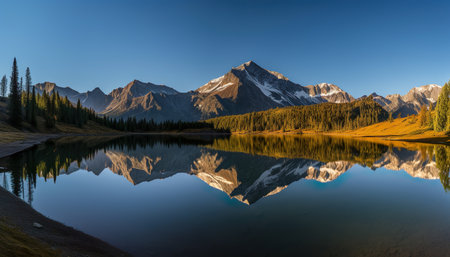 Beautiful Mountainous Landscape With Snow Capped Peaks, Clear Blue Sky And Pristine Lake Reflecting The Surrounding Scenery - Generative AIの素材