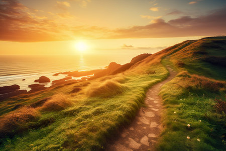 Beautiful Green Mountain Landscape With Narrow Path And Sea At Sunset - Generative AIの素材