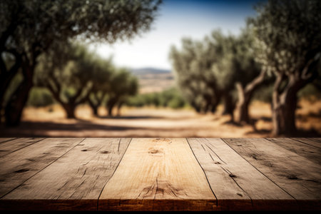 Empty Wooden Table With Olive Trees Plantage In Background - Generative AIの素材