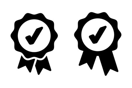 Approval Check Icon, Quality Sign, Certified Medal Symbol Set - Different Vector Illustrations Isolated On White Backgroundのイラスト素材