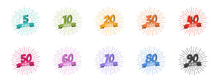 Anniversary Retro Icon Stamp Set - Vector Illustrations Isolated On White Backgroundのイラスト素材
