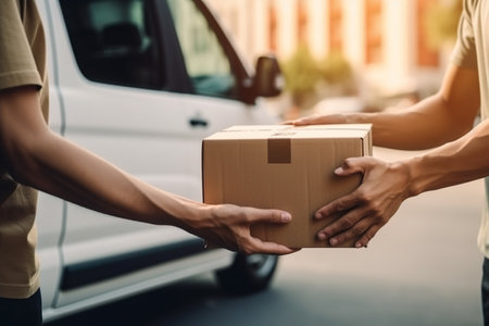 Courier Delivers Box To Customer Beside Of White Van - Generative AIの素材