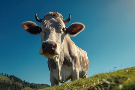 Low Angle View Of A Cow Against Blue Sky And Green Meadow - Generative AIの素材