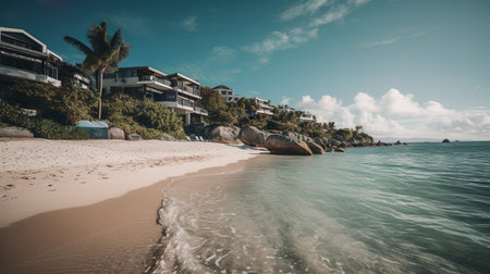 Beach Resort In A Tranquil Relaxing Atmosphere With Crystal Clear Water And White Sandy Beach - Generative AIの素材