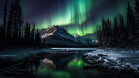 Dreamy Aurora Night Sky Surrounded By Forest Landscape - Generative AIの素材