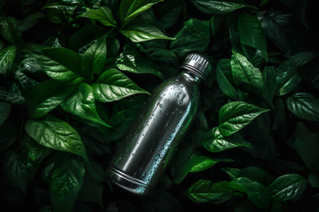 Water Droplets On An Aluminum Bottle With A Background Of Green Leaves - Generative AIの素材