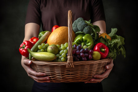 Woman Is Holding A Basket Full Of Fresh Colorful Fruits And Vegetables - Generative AIの素材