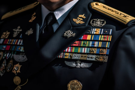 Close-Up View Of A High-Ranking Senior Officer's Uniform Adorned With Colorful Badges And Medals - Generative AIの素材