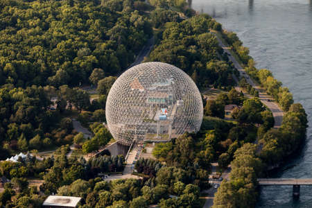 Montreal, August 8, 2014. Aerial view of the Biosphere, a museum in Montreal dedicated to the environment. It is located at Parc Jean-Drapeau, on Saint Helen's Island in the former pavilion of the United States for the 1967 World Fair, Expo 67.のeditorial素材