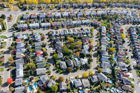 Aerial view over the Montreal suburb and middle class homesの写真素材