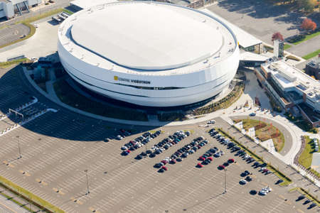 Quebec city, October 11, 2016. Aerial view of the newly built Videotron Center next to the old ColisÃÂ©e. Built at a cost of $370 millions from taxpayers money, the centre hope to be awarded an NHL franchise in the near future.のeditorial素材