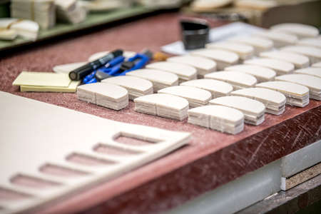 Various moulds used in shoe production line. shoe factory