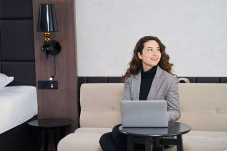 Working from a hotel roomの写真素材