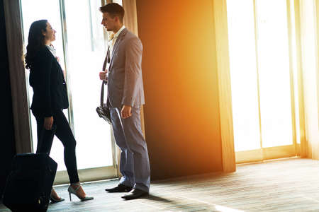 Couple at a hotel lobby hall, hotelの写真素材