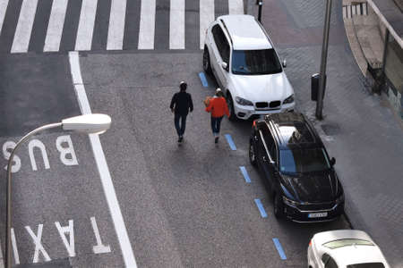 05-02-2020 Madrid, Spain. Aerial view of a Madrid downtown street without traffic during the...