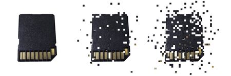 Photomontage with the image of three SD cards in different phases of disintegration isolated on...