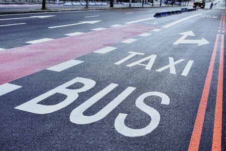Horizontal reserved lane marking for different vehicles, bus, taxi and bicycles on a deserted streetの写真素材