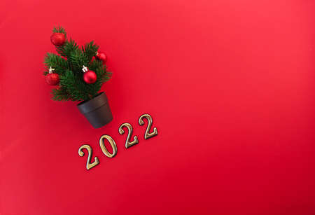 The concept of celebration. A greeting card. Copy space. A small Christmas tree in a pot decorated...