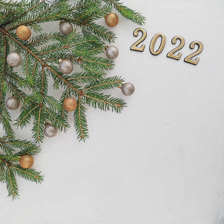 Coniferous green branch with red balls on a white background. Figures 2022