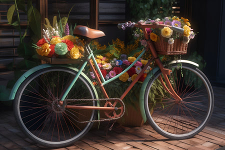 Menthol brown bicycle decorated with baskets of flowers on a flower bed background. Bicycle day. Generate AI.の素材