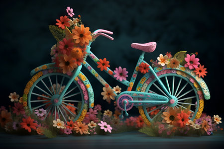 Children's bright bicycle decorated with flowers. Bicycle day. Generate AI.の素材