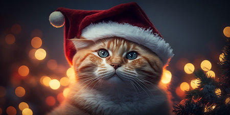 The concept of Christmas. Serious red fluffy cat in a red cap with white fur on the background of yellow highlights of lights. Generated AI.の素材