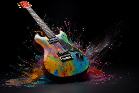 The concept of online guitar learning. Wooden guitar in multicolored splashes on a dark background. Generate AI.の素材