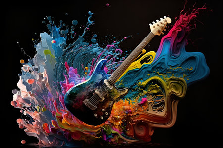 The concept of a music festival. Electric guitar on a dark background with colorful bright splashes. Generate AI.の素材