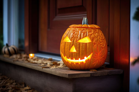 The theme is Halloween. A beautiful carved orange pumpkin stands on the doorstep of the house. Generate AIの素材